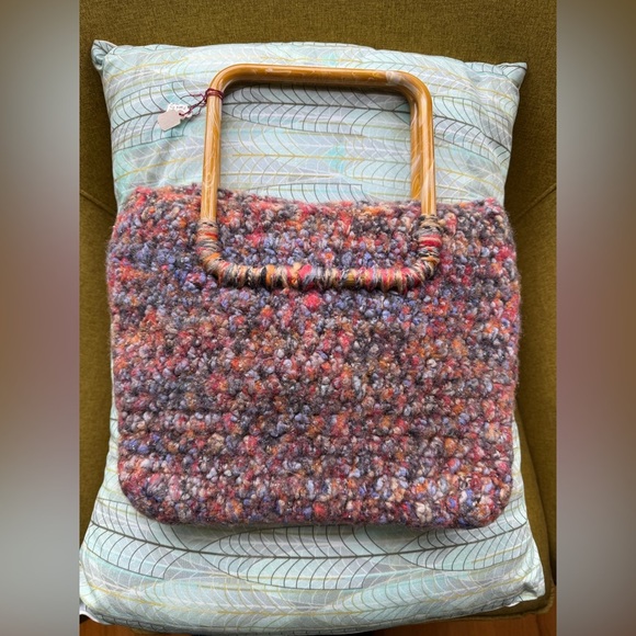 Handcrafted Multicolor felted wool and ribbon Satchel with Wooden Handle - Picture 1 of 3